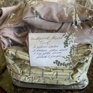 TWIN SHEETS *IVORY Green LAVENDER PLAID + SOLID PURPLE ~2 fitted 2 pillow 1 flat